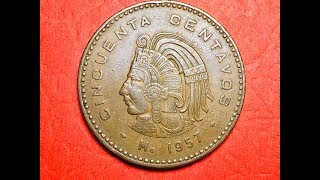 Mexico 1957 Cincuenta Centavos Aztec Ruler Cuautemoc 50 Centavos [upl. by Akihsal]