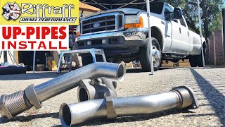 2001 F350 73  RiffRaff UpPipes Install  Stock up pipes leaking and falling apart JUNK SP [upl. by Anniala]